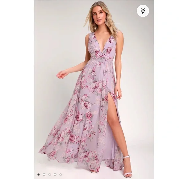 Lulus | Garden Meandering Lavender Floral Print Maxi Dress | Size Medium | Purple | 100% Polyester